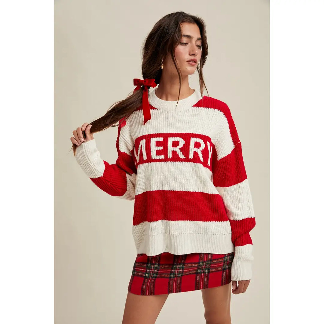 Red and White Block Striped Merry Sweater