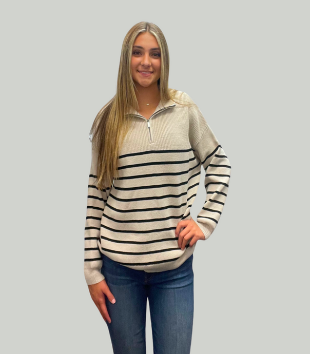 Taupe Striped Half Zip Sweater